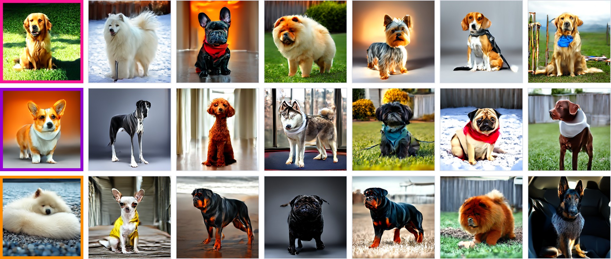 Twenty-one dog images generated by MiniDog after supervised fine-tuning, in a grid of seven columns and three rows. A golden retriever is framed in pink, a corgi in purple and a sleeping samoyed in orange.